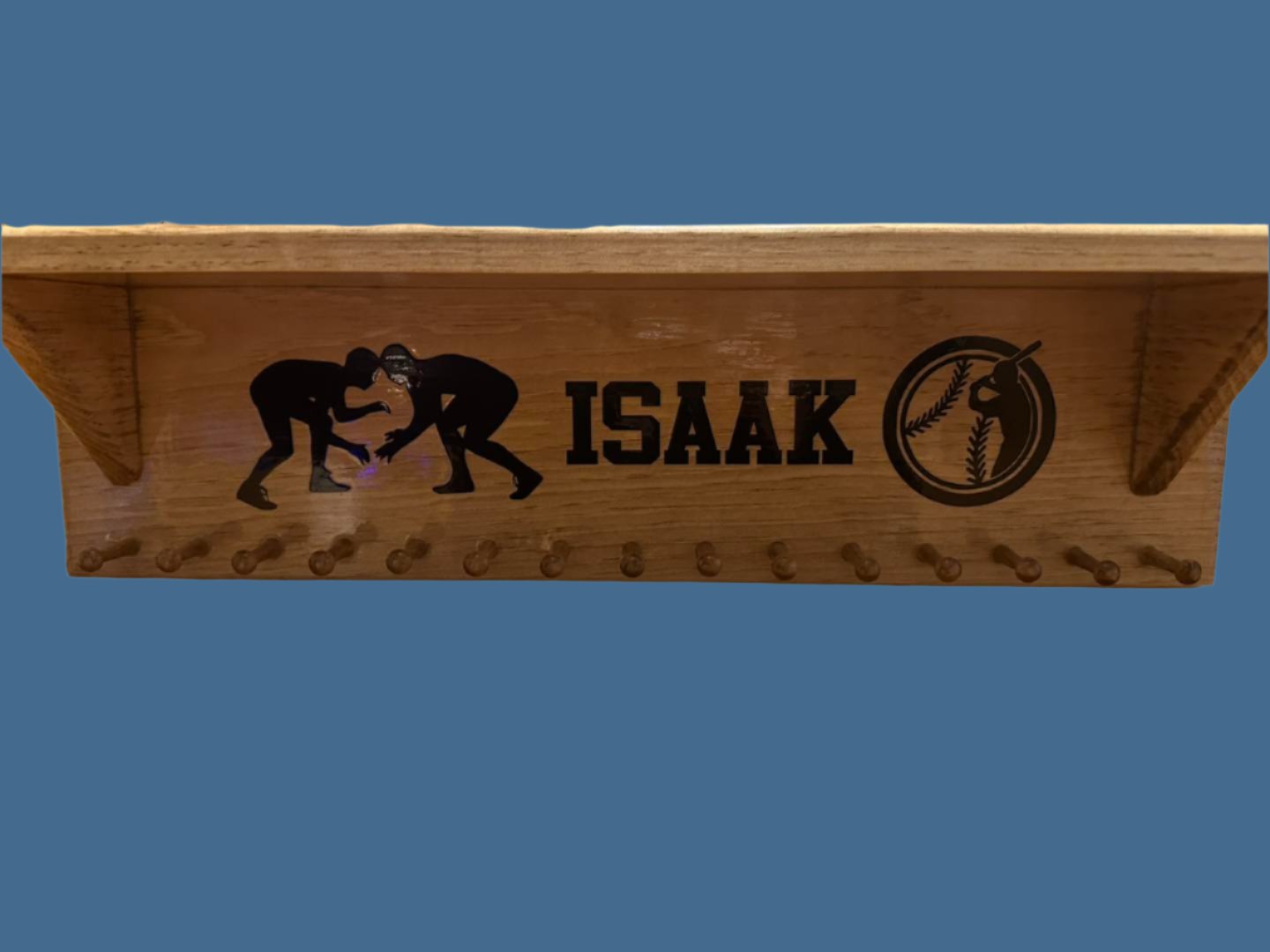 24" Wooden Trophy Shelf with Medal Pegs